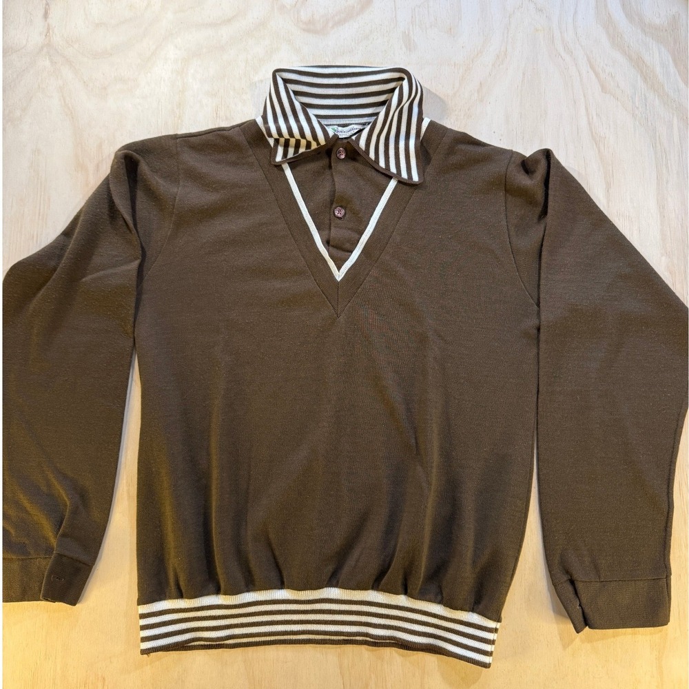 Vintage Fabriano by Campus Brown Striped Knit Polo Sweater 70s Mod Mens Medium